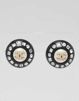 Chanel Black Resin Faux Pearl Crystal CC Stud Earrings