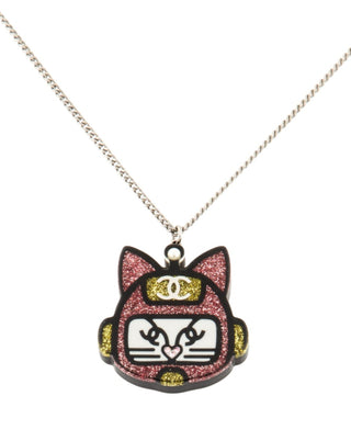 Chanel Gold-tone Black glitter Resin CC Cat Pendant Necklace