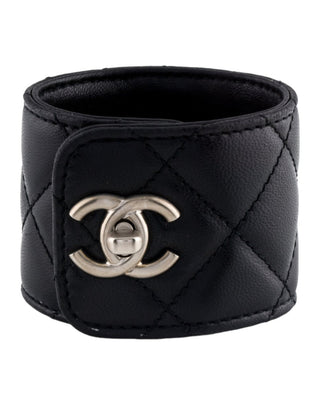 Chanel Black Leather Quilted CC Turnlock Wide Bracelet