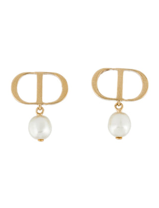 Christian Dior Gold-tone Faux Pearl Petite CD Logo Stud Earrings