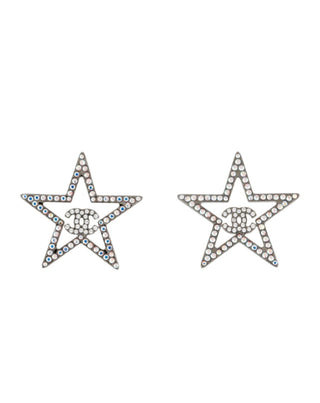 Chanel Silver-tone Strass Star Interlocking Logo Stud Earrings