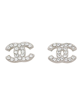 Chanel Silver-tone Strass Interlocking CC Stud Earrings