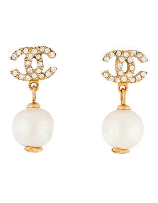 Chanel Gold-tone Faux Pearl Strass Interlocking CC Drop Earrings