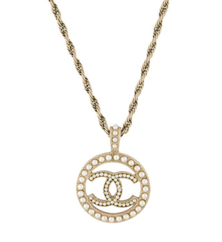 Chanel Gold-tone Faux Pearl Interlocking CC Pendant Necklace