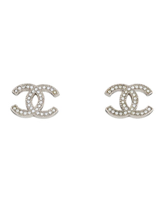 Chanel Silver-tone Strass Interlocking CC Stud Earrings