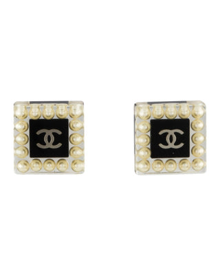 Chanel Faux Pearl Resin Interlocking CC Square Stud Earrings