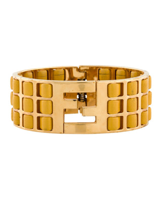 Fendi Yellow Leather Fendista Braided Gold-tone Bangle Bracelet