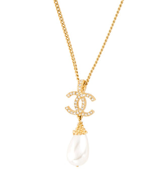 Chanel Gold-tone 2020 Faux Pearl Strass CC Pendant Necklace