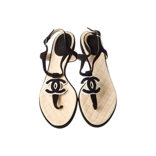 Chanel Interlocking CC Logo Suede T-Strap Sandals 37 sz