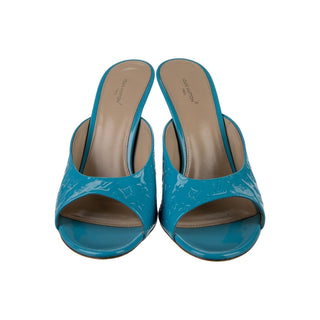 Louis Vuitton Blue LV Monogram Patent Leather Slides 40 sz