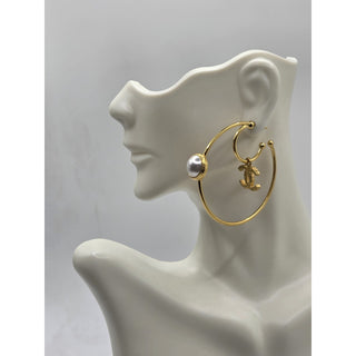 Chanel Gold-tone 2020 Faux Pearl Interlocking Hoop Earrings