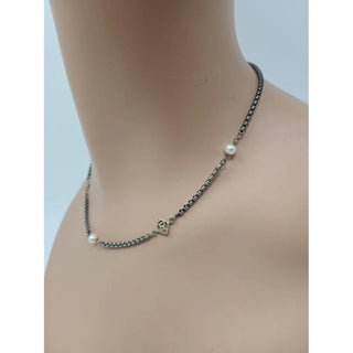 AUTH David Yurman Sterling Silver 14k DY and Pearl Station Cable Necklace