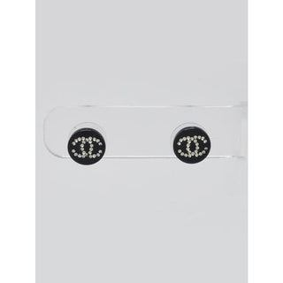Authentic Chanel Black Resin Crystal Interlocking CC Stud Earrings 04