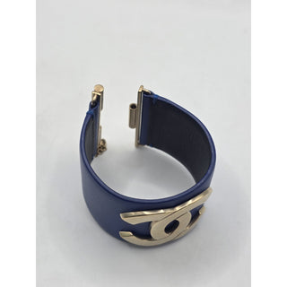 Chanel Blue Leather Interlocking CC Wide Wrap Bracelet M sz