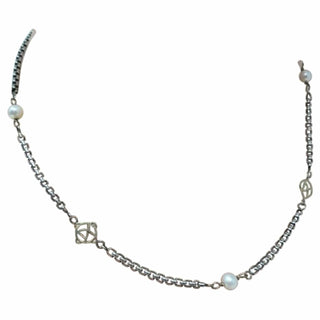 AUTH David Yurman Sterling Silver 14k DY and Pearl Station Cable Necklace