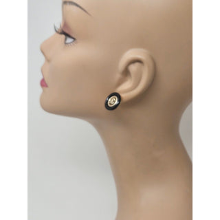 Chanel Gold-tone Black Enamel Interlocking CC Stud Earrings