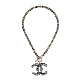Authentic Chanel 2017 Pearl Leather Strass CC Pendant Necklace 17"