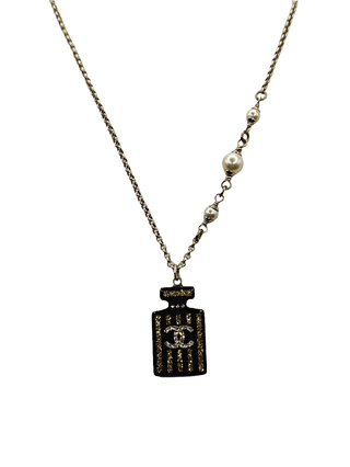 Chanel Faux Pearl Resin & Strass CC Logo Perfume Pendant Necklace