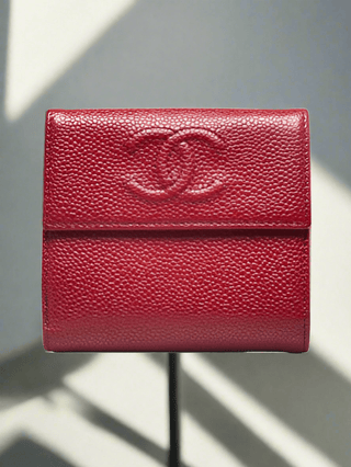 CHANEL Red Caviar Leather CC Compact French Purse Wallet