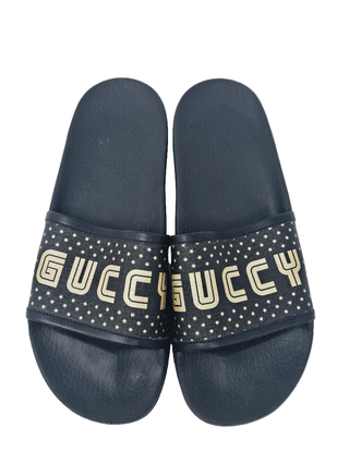 Gucci Black rubber Gold-tone logo sandals, 41 EU