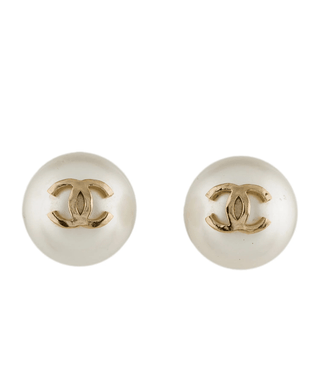 Chanel Golf-tone White Faux Pearl CC Stud Earrings