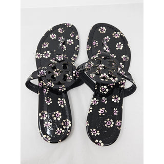Tory Burch Black Floral Print patent leather Reva sandals 7 M