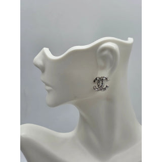 Chanel Silver-tone Strass Interlocking CC Stud Earrings