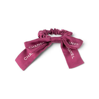 Authentic Chanel 2023 Silk Bow Scrunchie – Purple Logo Print