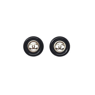 Chanel Gold-tone Black Enamel Interlocking CC Stud Earrings