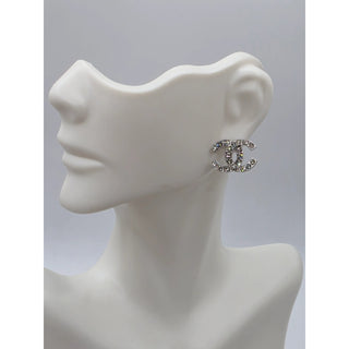 Chanel Silver-tone Strass Interlocking CC Stud Earrings