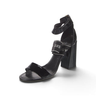 Authentic Louis Vuitton Black Patent Block Heel Sandals – Logo Strap, 39.5