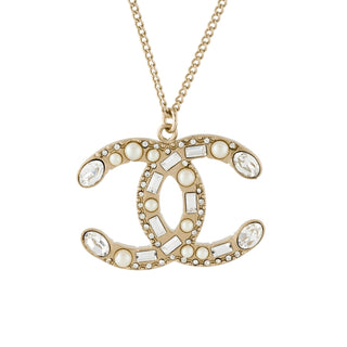 AUTH NEW Chanel Gold-tone Faux Pearl Strass CC Pendant Necklace