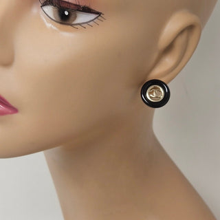 Chanel Gold-tone Black Enamel Interlocking CC Stud Earrings