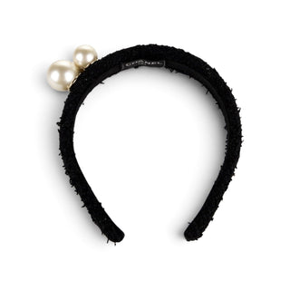 Authentic Chanel Interlocking CC Faux Pearl Tweed Headband Black
