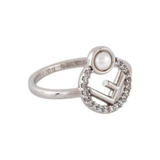 Authentic Fendi "F is Fendi" Crystal & Faux Pearl Cocktail Ring – Size 7.5