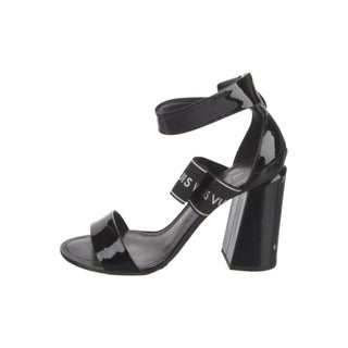 Authentic Louis Vuitton Black Patent Block Heel Sandals – Logo Strap, 39.5