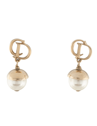 Christian Dior Gold-tone Faux Pearl CD Drop Earrings