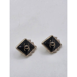 AUTH NEW Chanel Gold-tone Black Strass Interlocking CC Stud Earrings