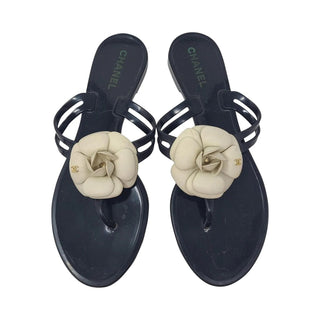 AUTH Chanel Black Jelly Camellia Interlocking CC Thong Sandals 40 EU