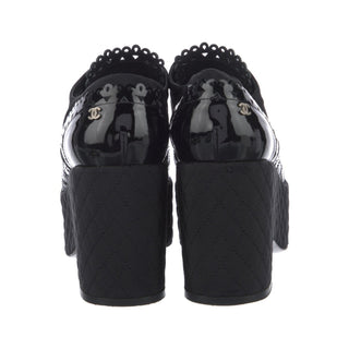 Authentic Chanel 2015 Black Quilted CC Platform Lace-Up Pumps 40.5