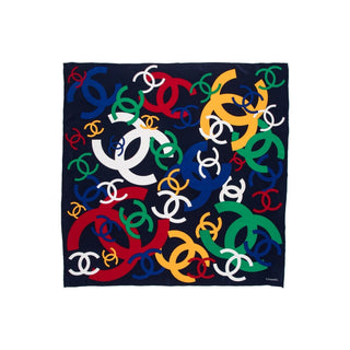 Authentic Chanel Silk Interlocking CC Logo Multicolor Scarf