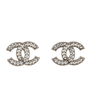 Chanel Silver-tone Crystal Faux Pearl Interlocking CC Stud Earrings