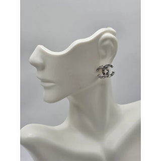 Chanel Silver-tone Strass Interlocking CC Stud Earrings