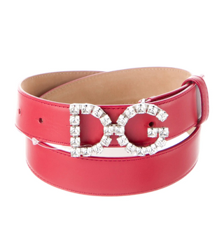 Dolce & Gabbana Red Leather Skinny Crystal D&G Logo Belt M sz