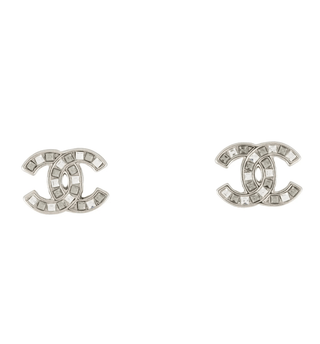 Chanel Interlocking Silver-tone Strass CC Stud Earrings