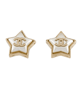 Chanel Gold-tone Faux Pearl Star CC Stud Earrings