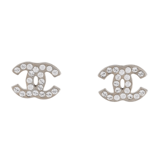 Chanel Silver-tone Strass Interlocking CC Stud Earrings