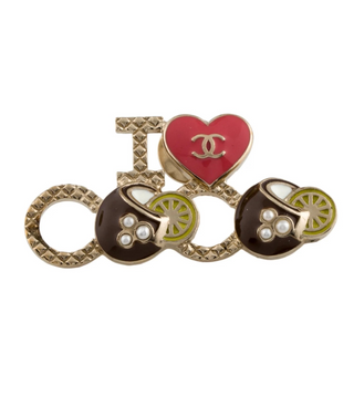 Chanel Gold-tone Faux Pearl Enamel I Love Coco Logo Pin