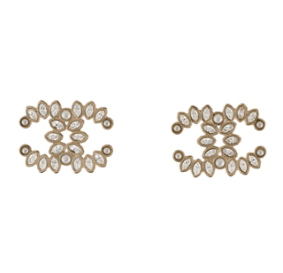 Chanel Gold-tone Faux Pearl Strass Interlocking CC Stud Earrings