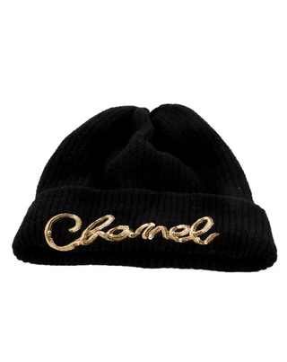 Chanel Gold-tone Sequin Logo Black Cashmere Sequin Beanie